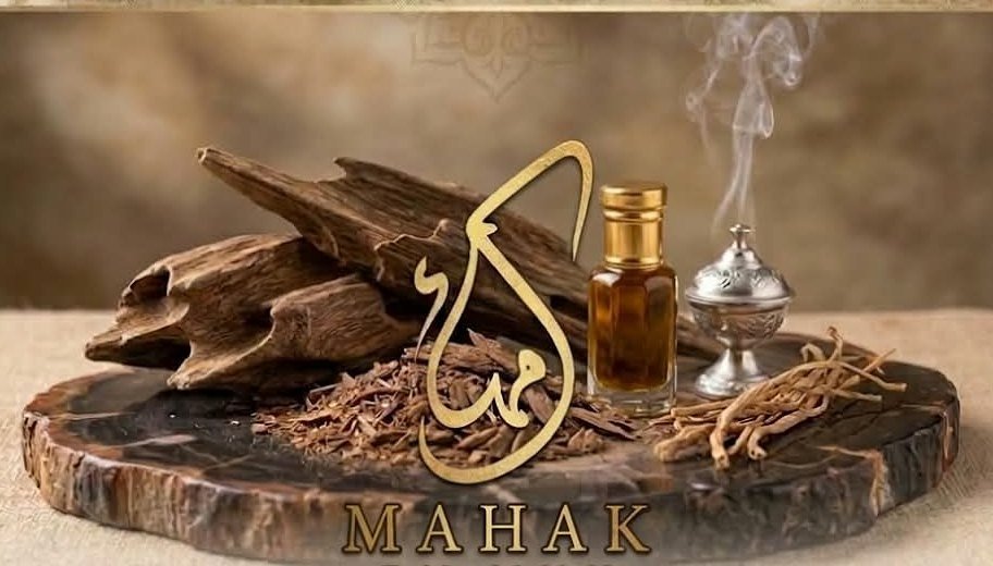 Oudh wood, an attar bottle and a silver burner on a polished wood slab, marked with the MAHAK logo